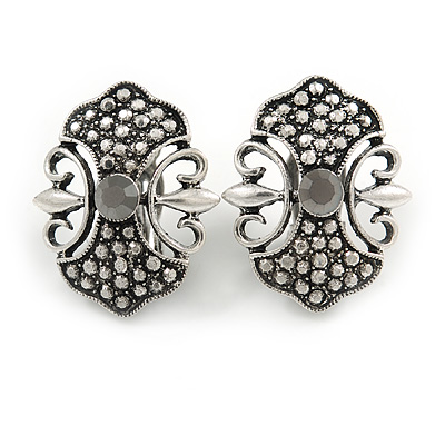 Vintage Inspired Hematite Crystal Ornate Clip on Earrings IN Aged Silver Tone - 27mm Tall