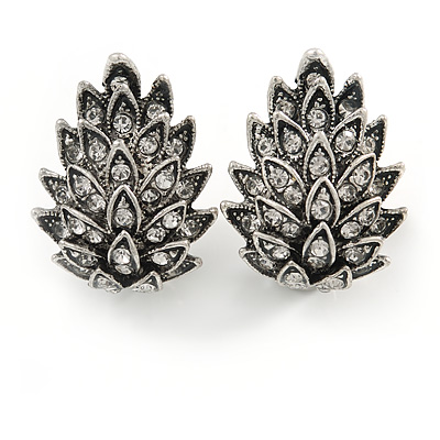Vintage Inspired Crystal Wing Clip On Earrings In Aged Silver Tone Metal - 25mm Tall