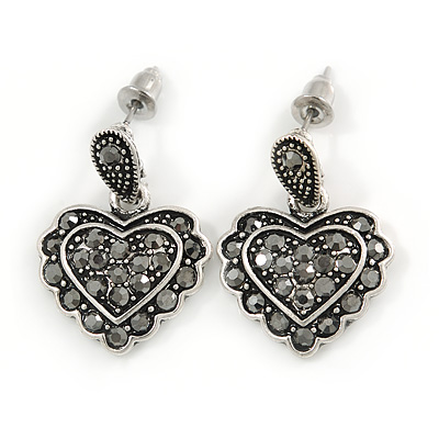 Vintage Inspired Hematite Crystal Heart Drop Earrings In Aged Silver Tone Metal - 25mm Drop