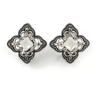 Marcasite Crystal Floral Clip On Earrings In Aged Silver Tone - 18mm