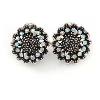 Vintage Inspired AB Crystal Sunflower Floral Clip On Earrings In Aged Silver Tone - 20mm