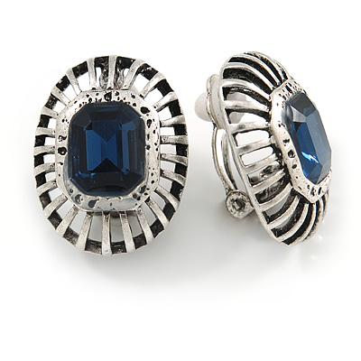 Vintage Inspired Dome Shape Midnight Blue Glass Oval Clip On Earrings In Silver Tone - 23mm Tall