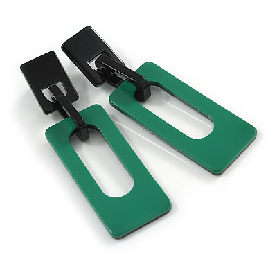 Statement Green/ Black Square Acrylic Drop Earrings - 90mm Long