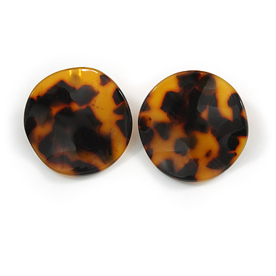 Trendy Round Curvy Tortoise Shell Effect Brown Acrylic/ Plastic/ Resin Stud Earrings - 35mm L