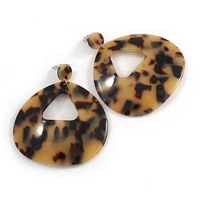 Large Oval Tortoise Shell Effect Beige/ Black Acrylic/ Resin Drop Earrings - 70mm Long