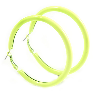 Large Neon Yellow Enamel Hoop Earrings In Silver Tone - 60mm Diameter