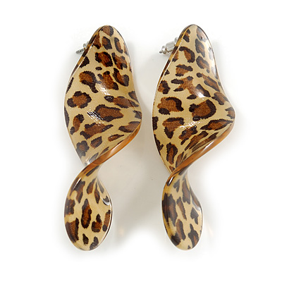 Trendy Twisted Leaf Acrylic Drop Earrings with Animal Print (Brown/ Yellow) - 65mm Long
