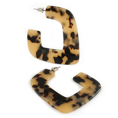 Trendy Tortoise Shell Effect Black/ Beige Acrylic/ Plastic/ Resin Square Hoop Earrings - 55mm L