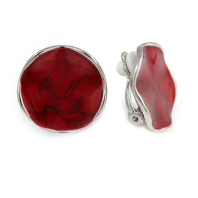 20mm Ox Blood Round Curvy Enamel Clip On Earrings In Silver Tone