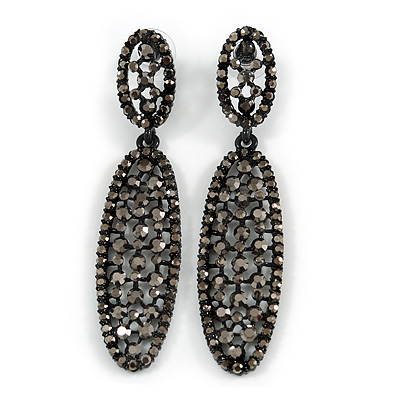 Statement Hematite Crystal Oval Drop Earrings In Black Tone - 75mm L