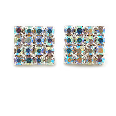 AB Crystal Square Stud Earrings In Silver Tone - 15mm