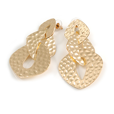 Gold Tone Hammered Triple Oval Link Drop Earrings - 60mm Long
