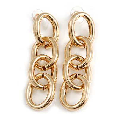 Polished Gold Tone Chunky Oval Link Drop Earrings - 70mm Long