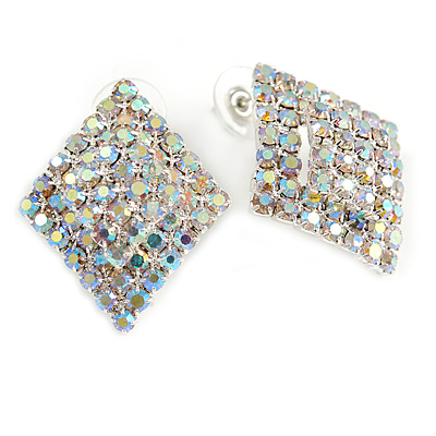 AB Crystal Diamond Stud Earrings In Silver Tone Metal - 30mm Long