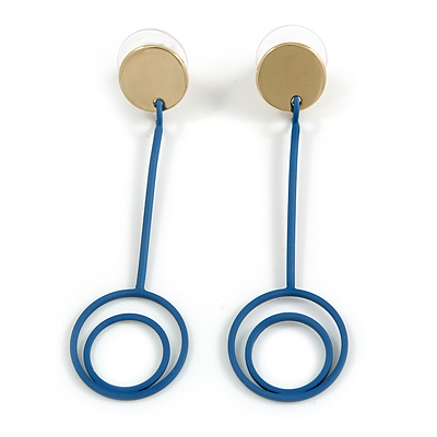 Statement Geometric Drop Earrings with Blue Rubber Element In Gold Tone - 60mm L