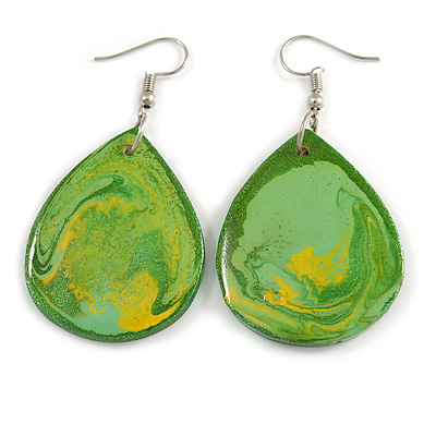 Green/ Yellow Teardrop Wood Drop Earrings - 60mm Long