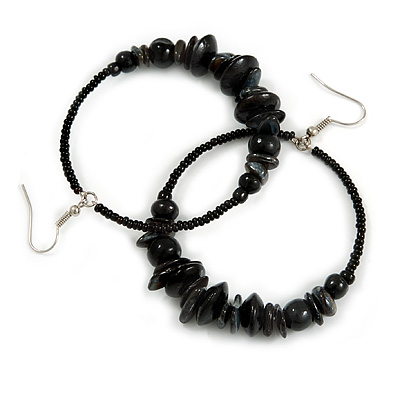 Large Black Glass, Shell, Wood Bead Hoop Earrings In Silver Tone - 75mm Long