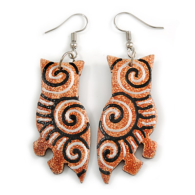 Funky Wood Owl Drop Earrings (Brown) - 70mm Long