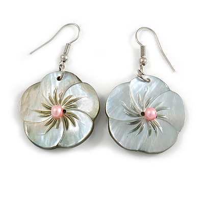 Mother of Pearl Floral Drop Earrings In Silver Tone - 50mm Long