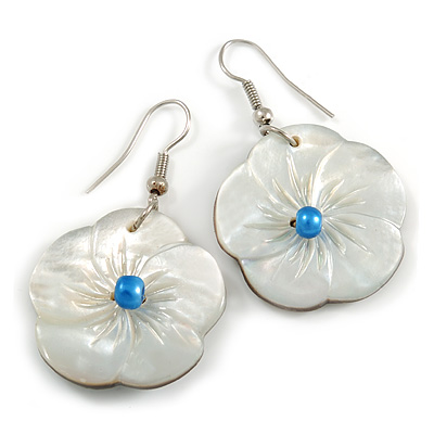Mother of Pearl Floral Drop Earrings In Silver Tone - 50mm Long