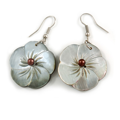 Mother of Pearl Floral Drop Earrings In Silver Tone - 50mm Long
