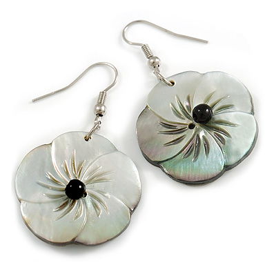 Mother of Pearl Floral Drop Earrings In Silver Tone - 50mm Long