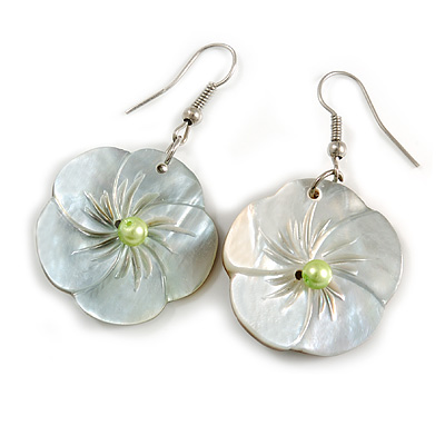 Mother of Pearl Floral Drop Earrings In Silver Tone - 50mm Long