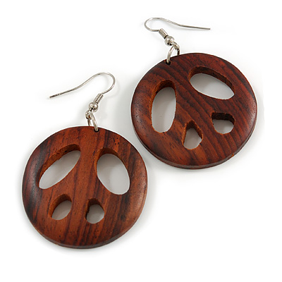 Brown Wood Round Peace Drop Earrings - 60mm Long