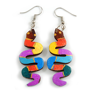 Multicoloured Wooden Snake Drop Earrings - 70mm Long