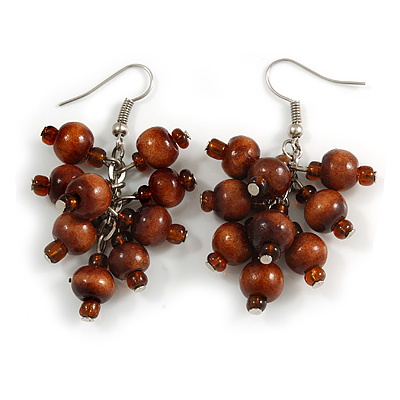 Brown Wooden Bead Cluster Drop Earrings in Silver Tone - 55mm Long