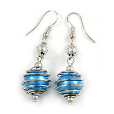Silver Tone Blue Faux Pearl Drop Earrings - 5cm Long