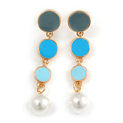 Blue/ Grey/ Aqua Enamel Graduated Disk Drop Earrings In Gold Tone - 55mm Long