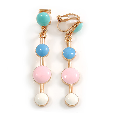 Multi Pastel Enamel Dot Clip-On Earrings In Gold Tone - 45mm Long
