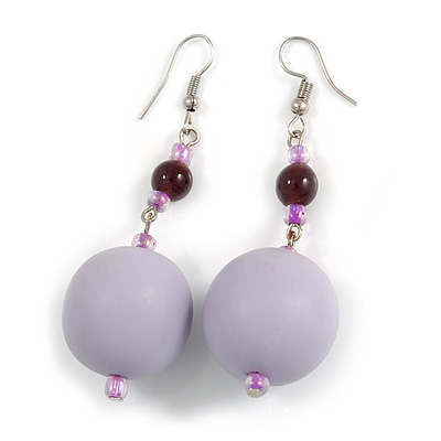 Large Pastel Lavander Resin/ Plum Glass Bead Ball Drop Earrings In Silver Tone - 70mm Long