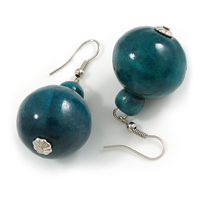 Teal Wood Bead Drop Earrings - 50mm Long