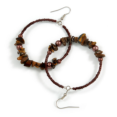 50mm Brown Large Glass, Faux Pearl Bead, Semiprecious Stone Hoop Earrings In Silver Tone