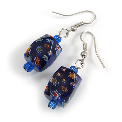 Blue Floral Faceted Resin/ Glass Bead Drop Earrings with Silver Tone Closure - 40mm Long