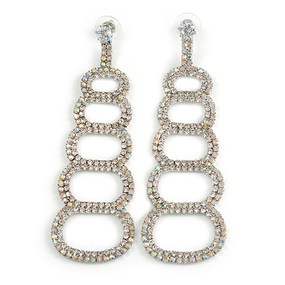 Statement AB/ Clear Crystal Chandelier Long Earrings In Silver Tone Metal - 9cm Drop