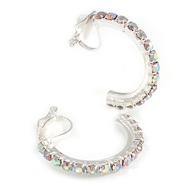 25mm AB Crystal Half Hoop Clip On Earrings In Silver Tone - Small