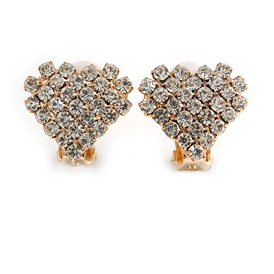 Small Clear Crystal Heart Clip On Earrings In Gold Tone Metal - 18mm Wide