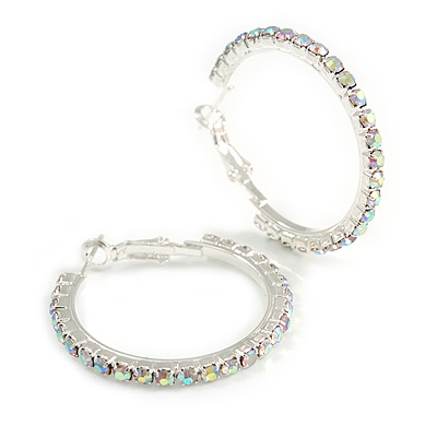 35mm AB Crystal Hoop Earrings In Silver Tone Metal - Medium