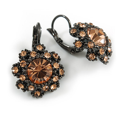 Delicate Light Topaz Flower Drop Earrings In Gun Metal Finish with Leverback Clasp - 25mm Long