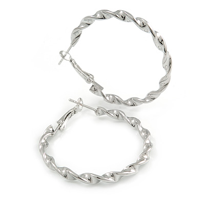 40mm Medium Twisted Hoop Earrings In Silver Tone