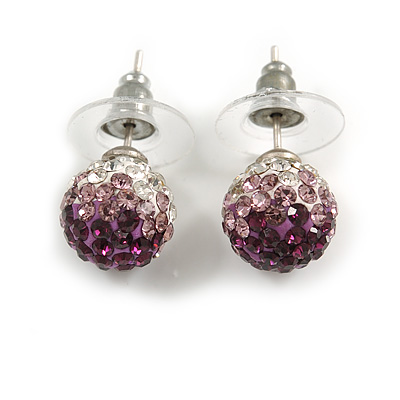 Deep Purple/ Lavender/ Clear Crystal Ball Stud Earrings In Silver Tone Metal -10mm D
