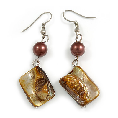 Khaki Brown Shell Bead Drop Earrings In Silver Tone - 60mm Long