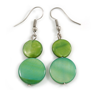 Green Double Shell Drop Earrings In Silver Tone - 50mm Long