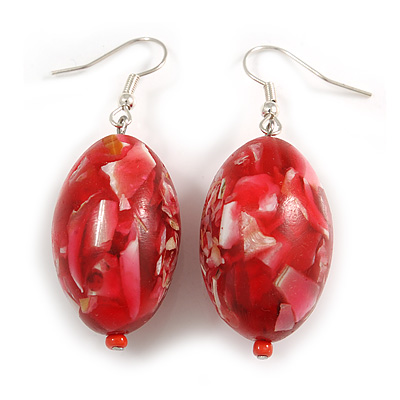 Chunky Mosaic Red Resin Oval Bead Drop Earrings In Silver Tone - 50mm Long