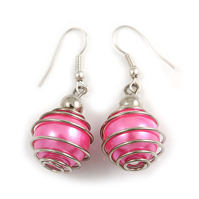 Silver Tone Pink Faux Pearl Bead Drop Earrings - 4cm Drop