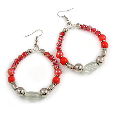 Red/ Silver/ Transparent Ceramic/ Glass Bead Hoop Earrings In Silver Tone - 80mm Long