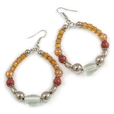 Coffee/ Light Topaz/ Transparent Ceramic/ Glass Bead Hoop Earrings In Silver Tone - 80mm Long